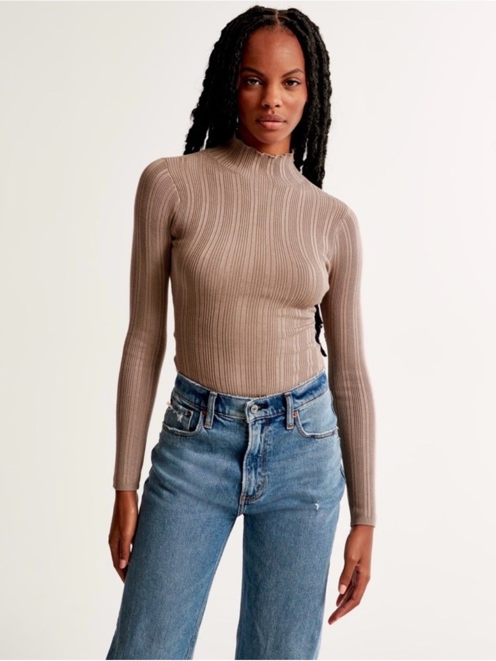 Abercrombie & Fitch Ribbed Mock Neck Long-Sleeve Sweater Bodysuit in Taupe